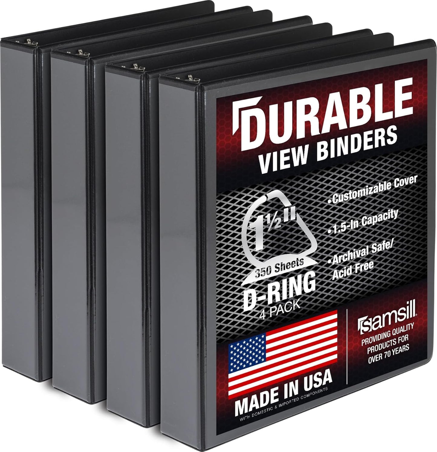 Durable 1.5 Inch Binder Made in the USA, D Ring Customizable Clear View Binder, Pack of 4
