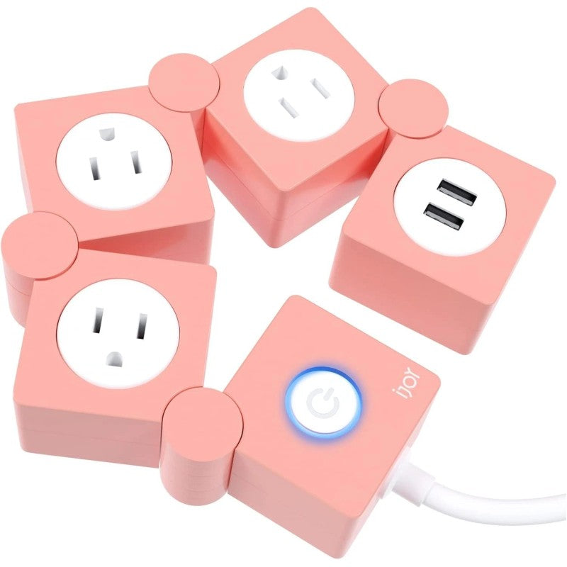 Flexible Power Strip - 3 AC Outlets and 2 USB Charging Ports with Pink Extension Cord, Power Strips with Surge Protection, Decorative Surge Protector Outlet Extender for Home, Office, and More