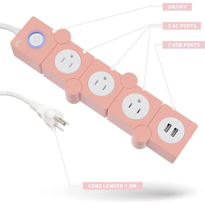 Flexible Power Strip - 3 AC Outlets and 2 USB Charging Ports with Pink Extension Cord, Power Strips with Surge Protection, Decorative Surge Protector Outlet Extender for Home, Office, and More