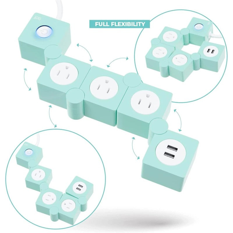 Flexible Power Strip - 3 AC Outlets and 2 USB Charging Ports with Pink Extension Cord, Power Strips with Surge Protection, Decorative Surge Protector Outlet Extender for Home, Office, and More