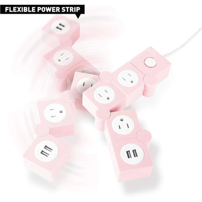 Flexible Power Strip - 3 AC Outlets and 2 USB Charging Ports with Pink Extension Cord, Power Strips with Surge Protection, Decorative Surge Protector Outlet Extender for Home, Office, and More