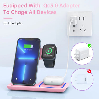 Wireless Charger, 18W 3 in 1 Wireless Charging Station for Iphone 17 16E 15 14 13 12 Pro, Fast Charger Stand for Iwatch SE 9-11 6-8 2-5, Airpods 4/3/2/Pro, Samsung Galaxy Seires (Pink)
